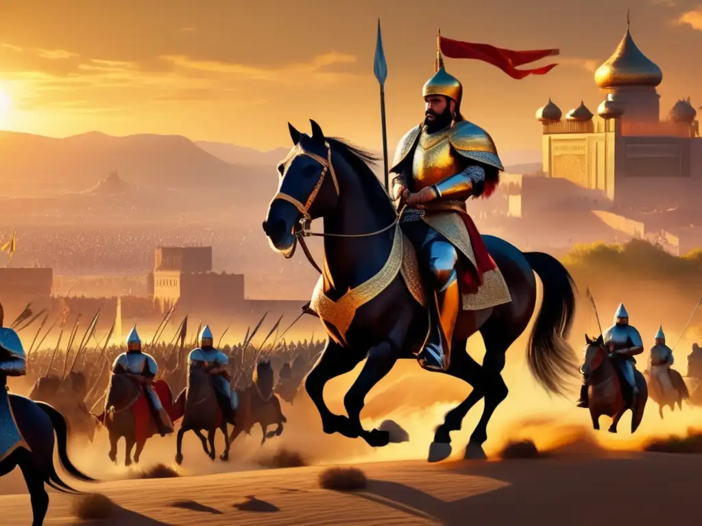 Un poderoso Timur el Cojo lidera el ejército mongol al atardecer, listo para sus conquistas de Timur Imperio Mongol