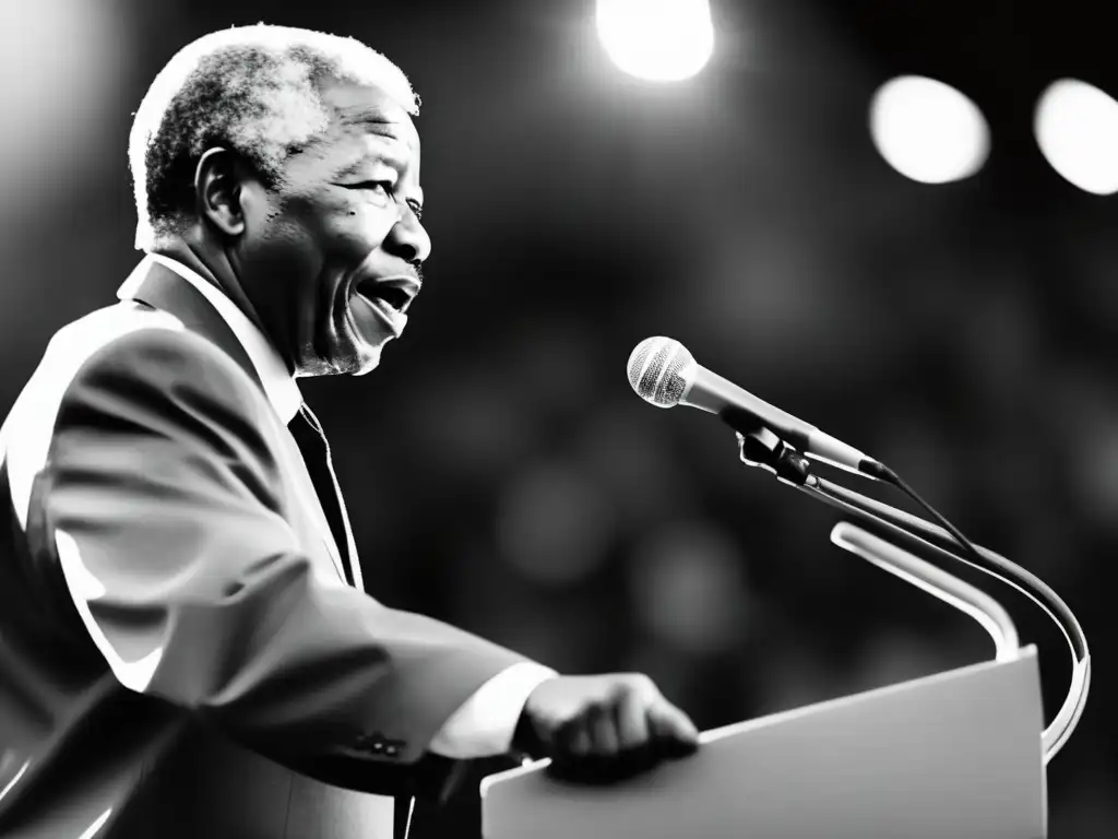 Desde un podio, Nelson Mandela lucha contra apartheid con determinación, mientras la multitud diversa lo apoya con pasión y energía