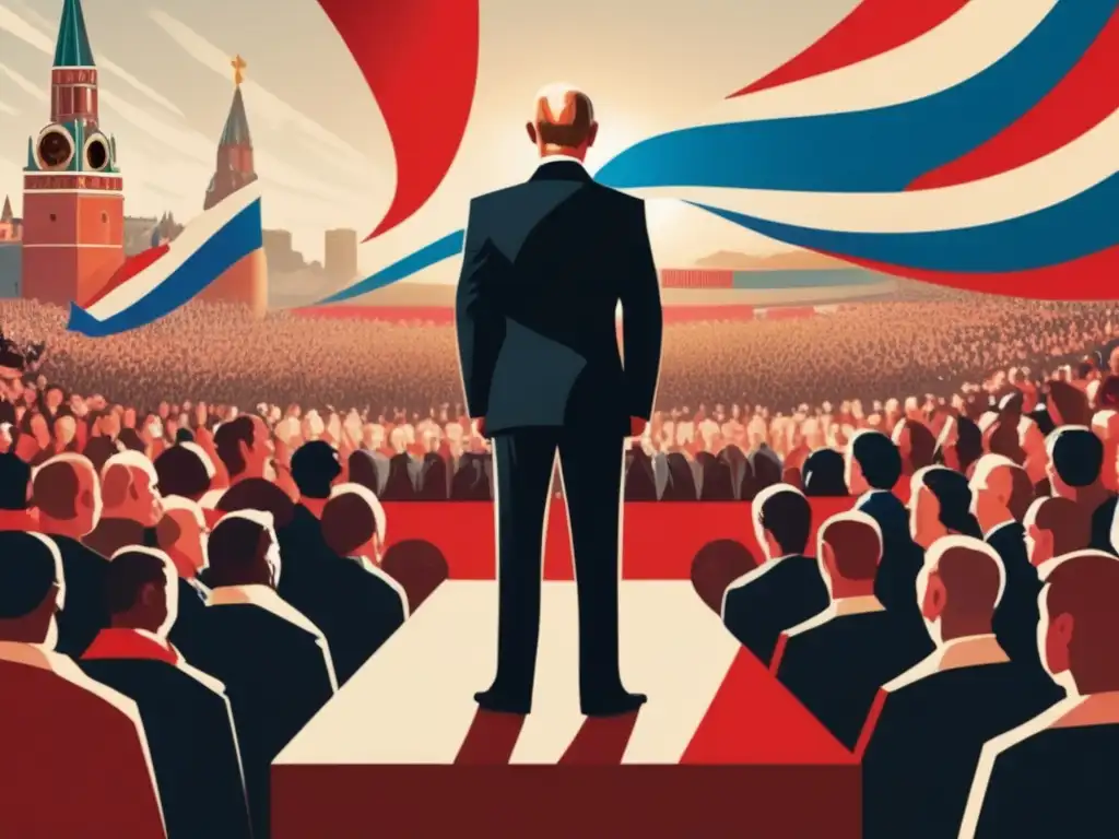 Vladimir Putin en el podio, con la bandera rusa ondeando y una multitud abrumadora