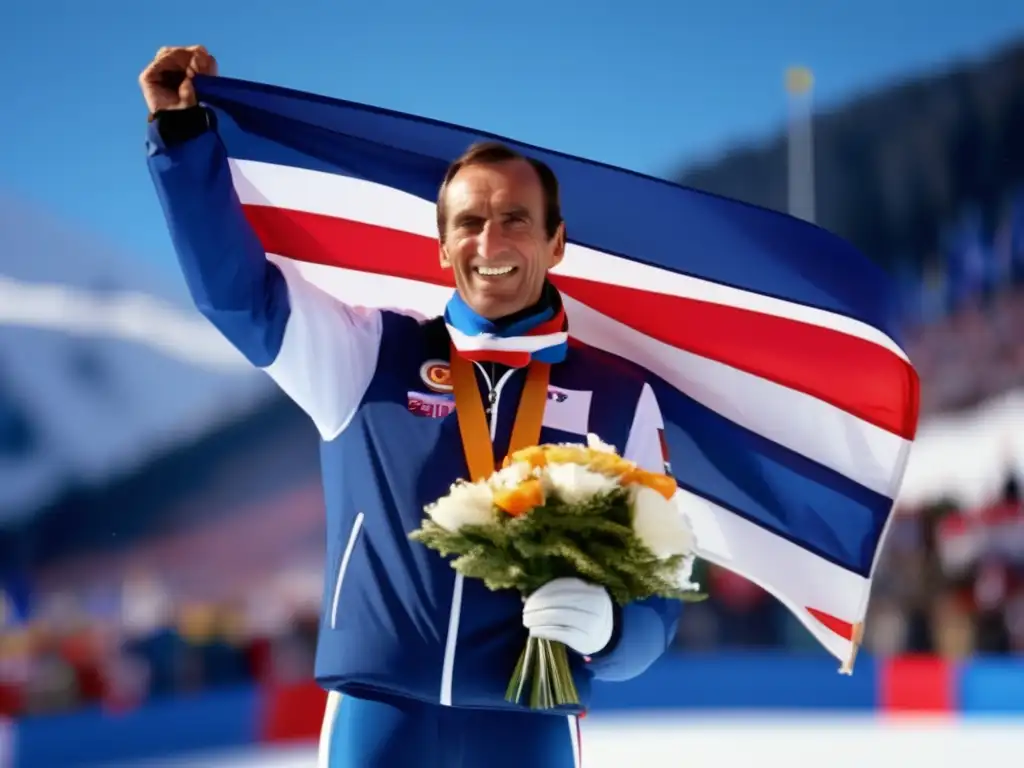 Jean-Claude Killy en el podio, con medalla de oro y bandera francesa