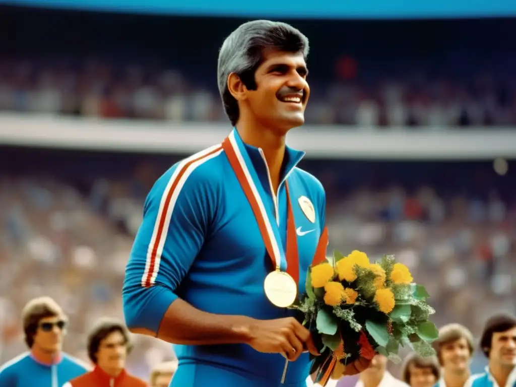 Mark Spitz en el podio, luciendo sus siete medallas de oro de las Olimpiadas de Múnich 1972