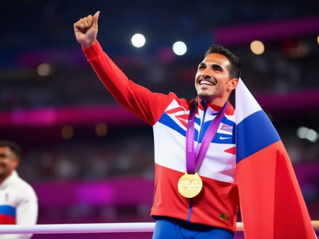 Félix Sánchez celebra en el podio olímpico con la bandera dominicana, reflejando su triunfo y pasión en su trayectoria olímpica