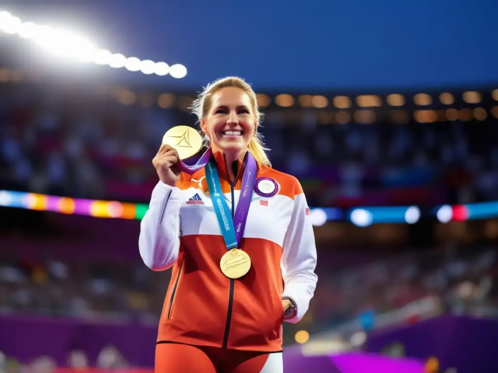 Kristin Otto en el podio olímpico, luciendo su medalla de oro y radiante de orgullo