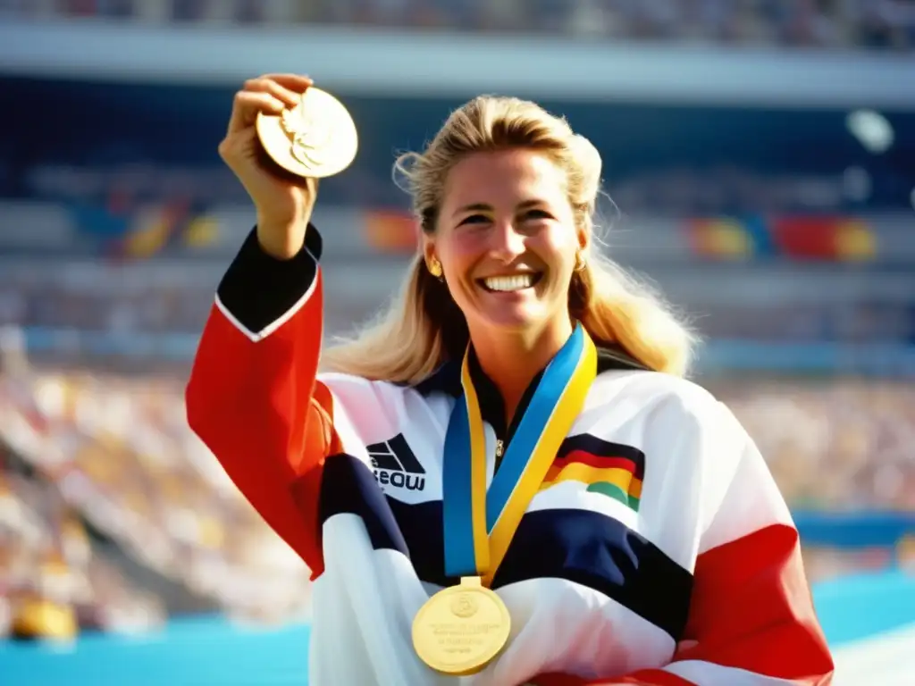 Kristin Otto celebra en el podio olímpico, sosteniendo sus medallas de oro, rodeada de multitudes animadas y la bandera alemana