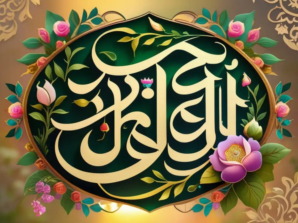 Un poema de Hafez, en caligrafía persa, rodeado de un exuberante jardín, en una escena serena y cautivadora