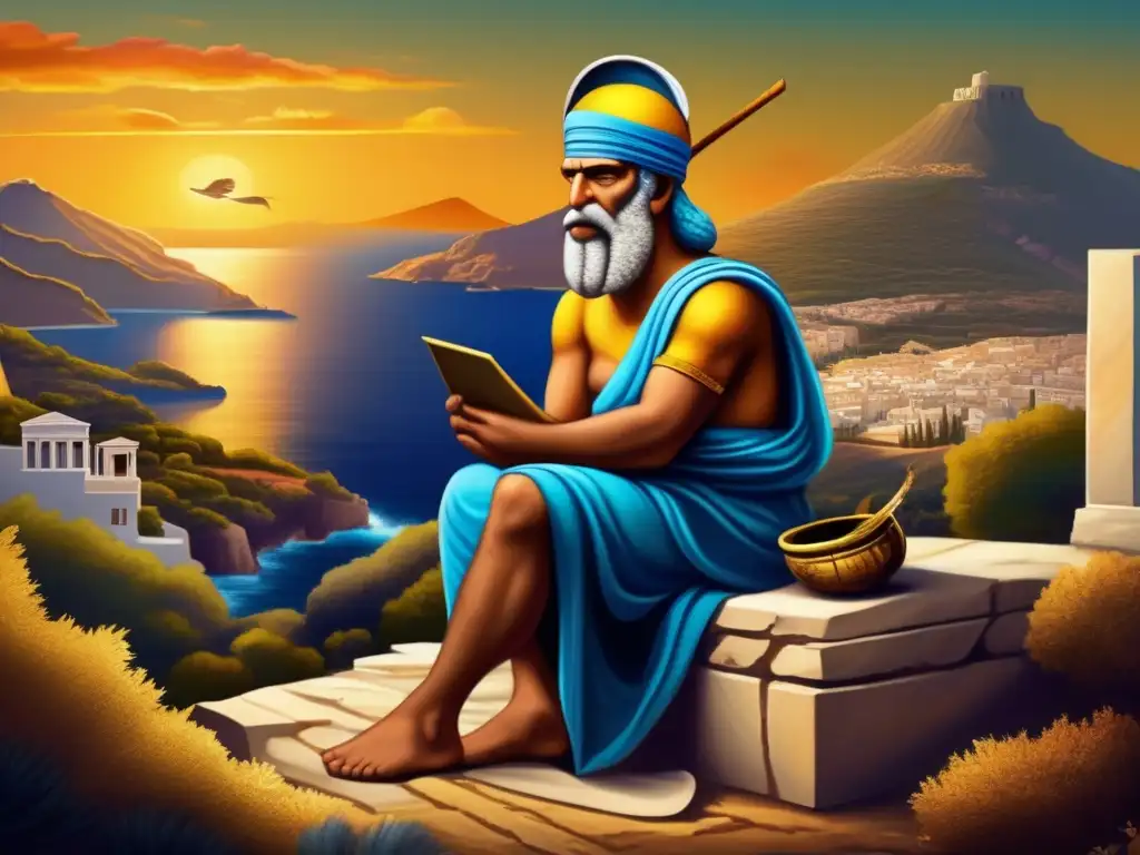 Un Homer poeta ciego narra épica griega, rodeado de paisajes y escenas de sus famosas obras, con colores vibrantes y detalles intrincados