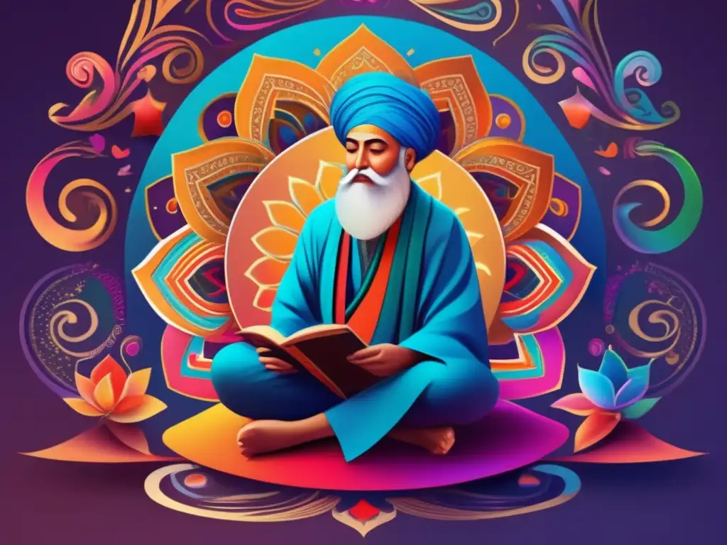 Rumi poeta sufí inmerso en la creatividad, rodeado de patrones coloridos y símbolos místicos en una ilustración digital vibrante y moderna