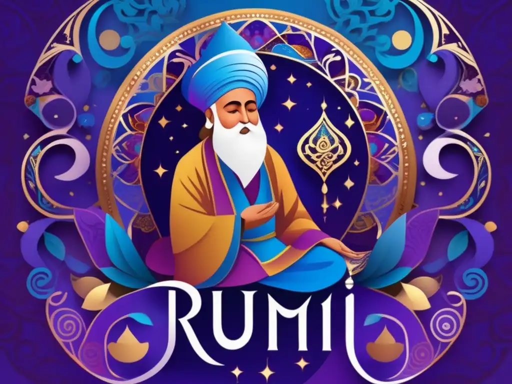 Biografía de Rumi poeta sufí en una obra digital asombrosa, con colores vibrantes y patrones místicos