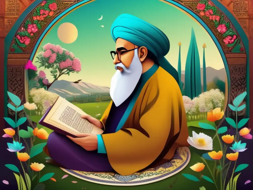 En el jardín, Hafiz, el poeta persa, rodeado de flores y manuscritos antiguos, evoca la influencia de Hafiz en la poesía con sabiduría atemporal