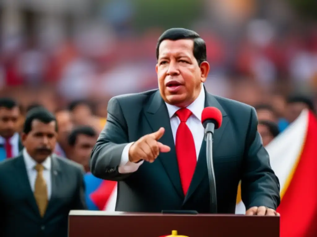 Hugo Chávez liderazgo polémico Venezuela: Imagen de Chávez enérgico, hablando ante multitud diversa, proyectando confianza y carisma