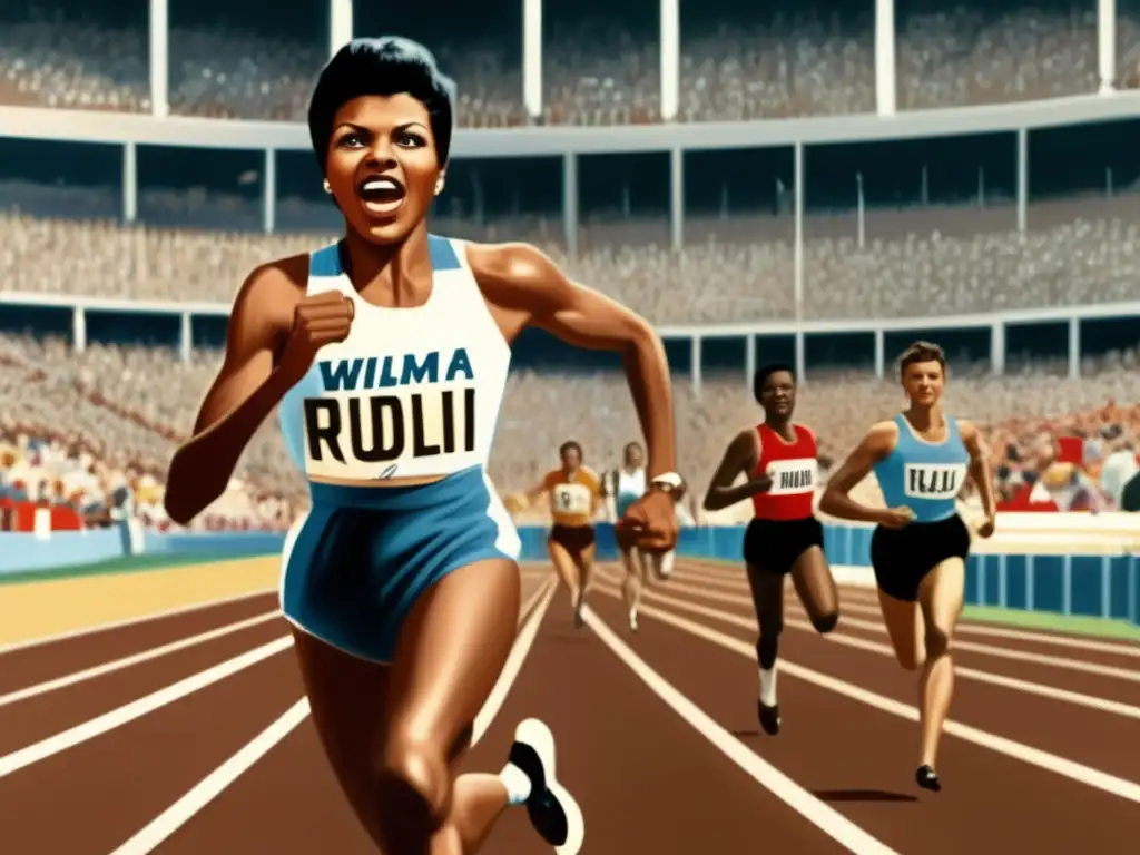 Wilma Rudolph superando la polio para alcanzar la gloria olímpica, con determinación y triunfo en su rostro, en una imagen dinámica que cautiva