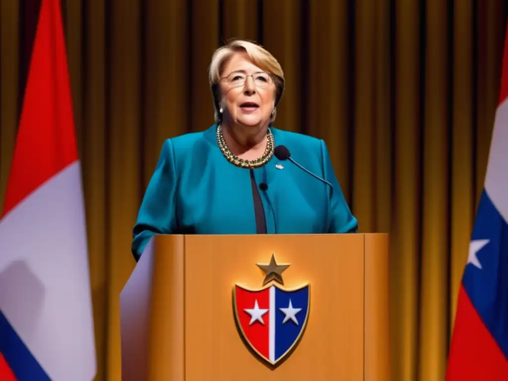 La política chilena Michelle Bachelet lidera con determinación desde el podio, conectando con su audiencia diversa