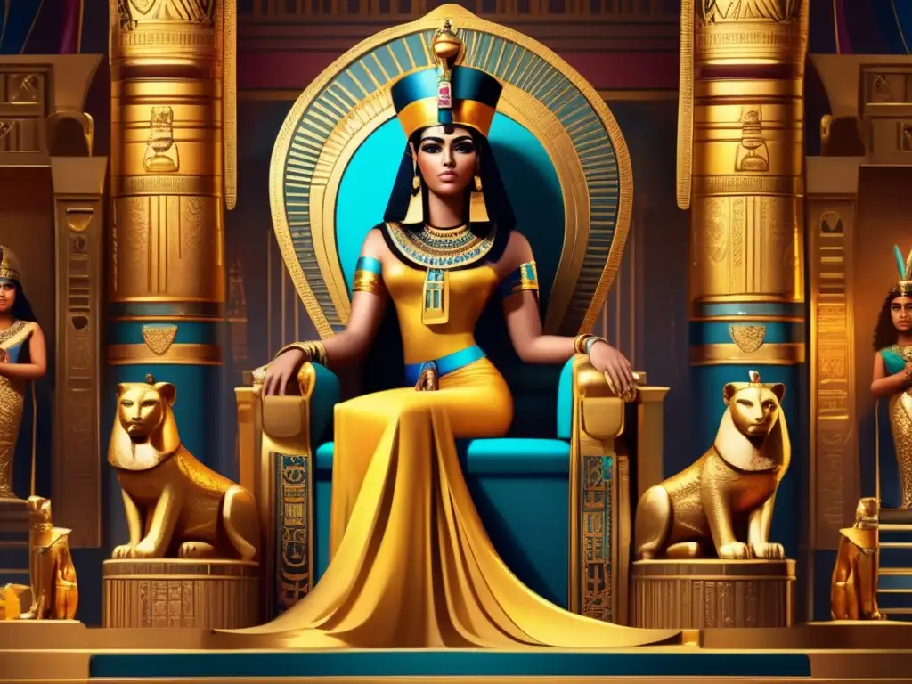 Cleopatra, influencia política en el mundo antiguo, poderosa y majestuosa en su trono dorado rodeada de lujos y sirvientes en un ambiente opulento