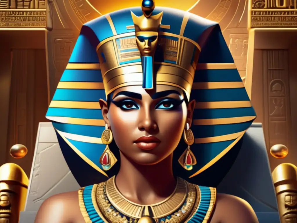 Cleopatra, influencia política y poder en el mundo antiguo, representada en su trono con joyas y jeroglíficos egipcios