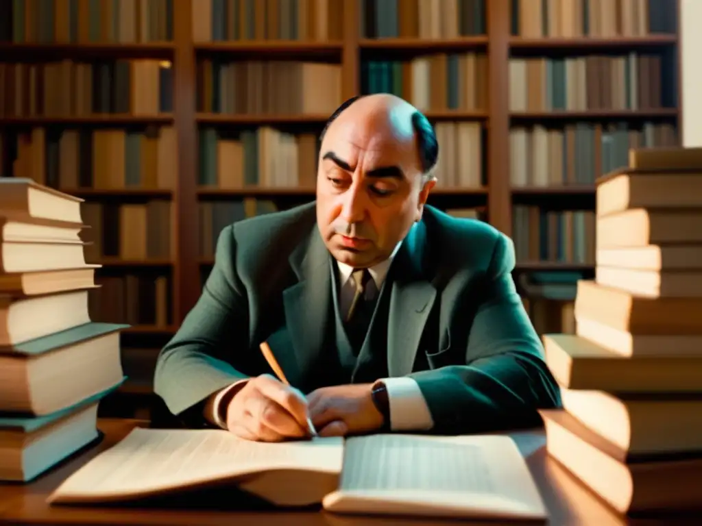 Pablo Neruda, líder político, escribe poesía en su estudio contemporáneo, rodeado de libros y papeles, proyectando profundidad intelectual