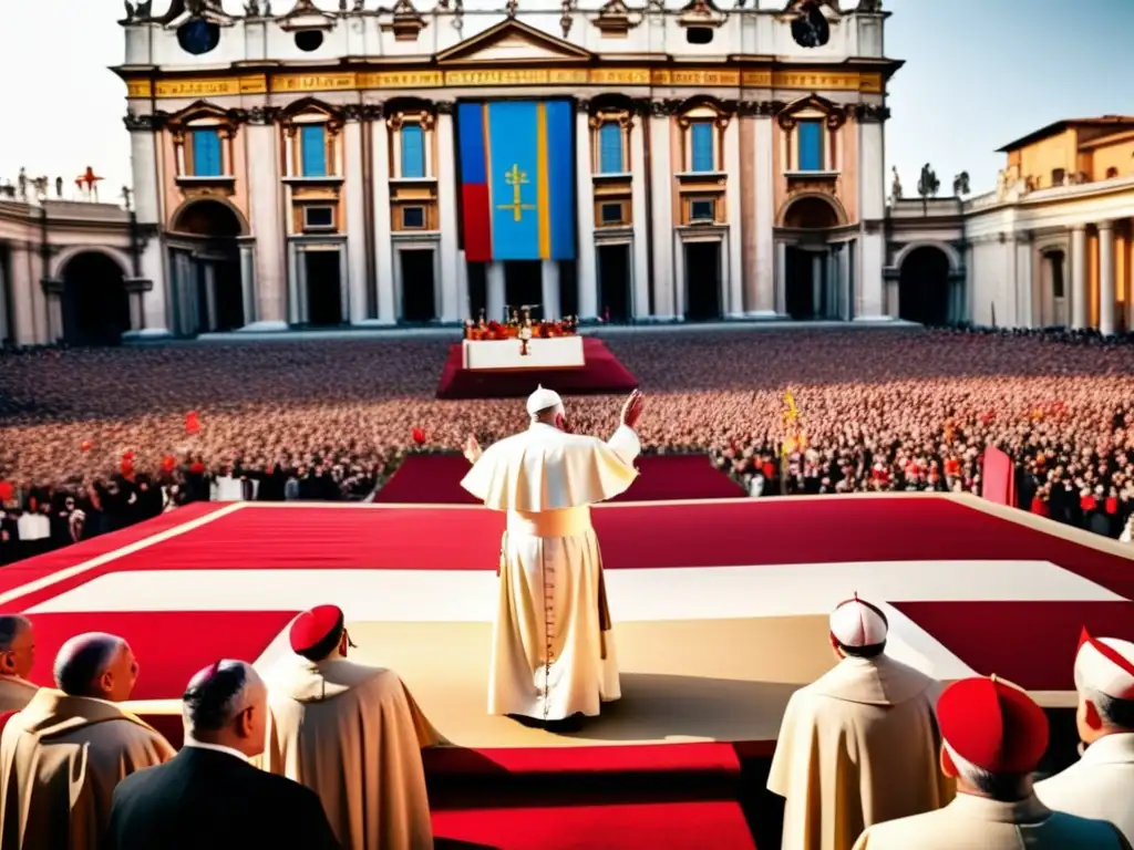 El carisma del Papa Juan XXIII en St Pope John XXIII ofrece un cálido discurso en la Plaza de San Pedro durante el Concilio Vaticano II, con la audiencia cautivada