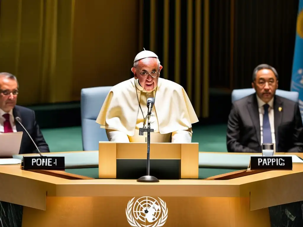 El carisma del Papa Francisco en la ONU: influencia global Pope Francis pronuncia un discurso en la ONU, con líderes mundiales de fondo, simbolizando la influencia papal en la política mundial contemporánea