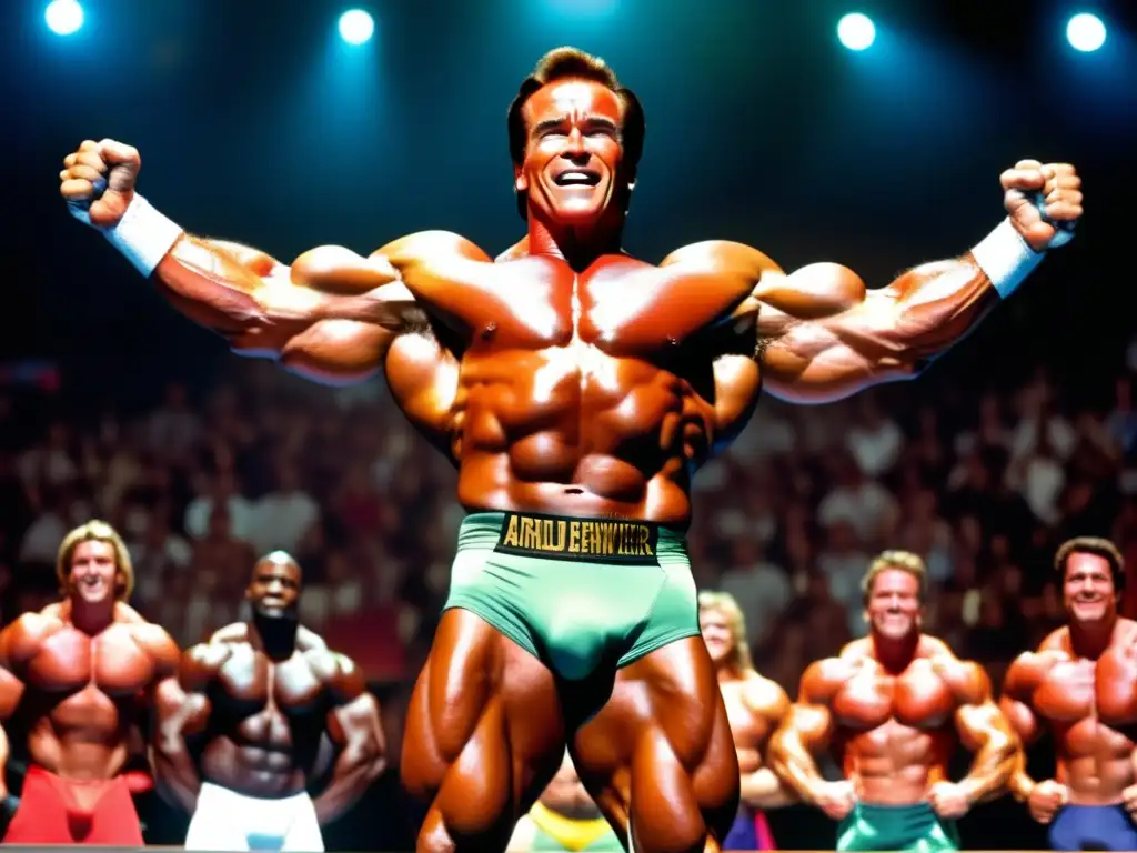 Arnold Schwarzenegger en pose clásica de culturismo, con iluminación dramática y multitud aclamando