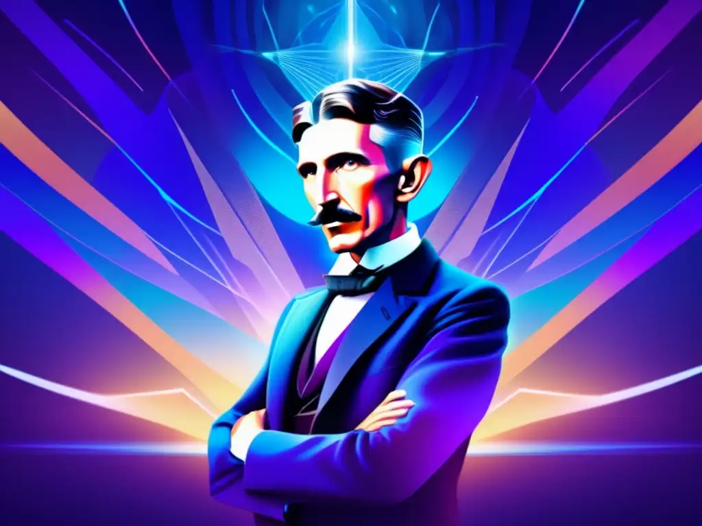 Una ilustración de alta resolución de Nikola Tesla en pose contemplativa, rodeado de patrones de energía futuristas