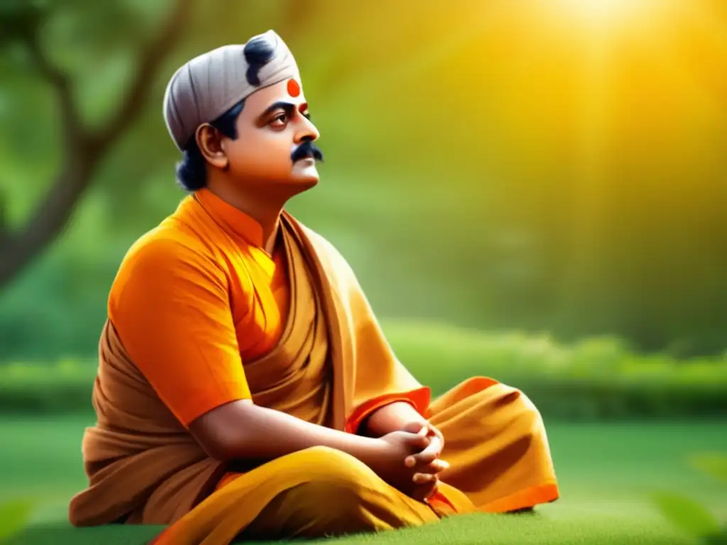 Swami Vivekananda en postura meditativa, rodeado de naturaleza, transmite paz y sabiduría espiritual