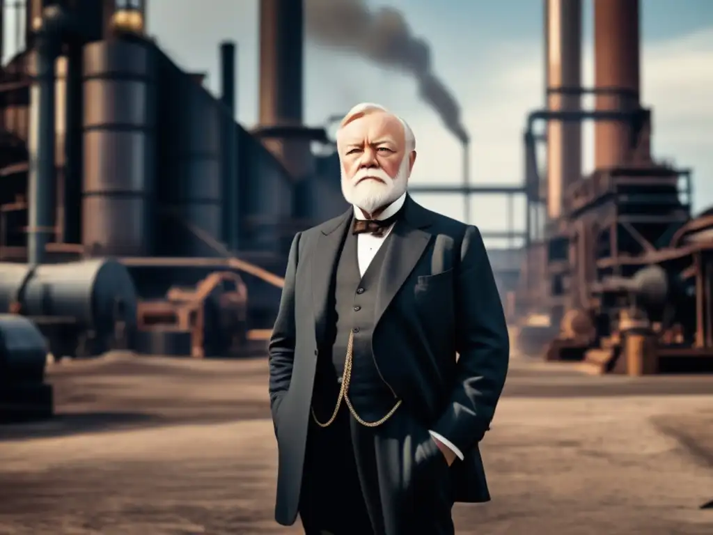 Andrew Carnegie, potentado del acero, supervisa su imperio industrial con determinación en una imagen moderna de alta resolución