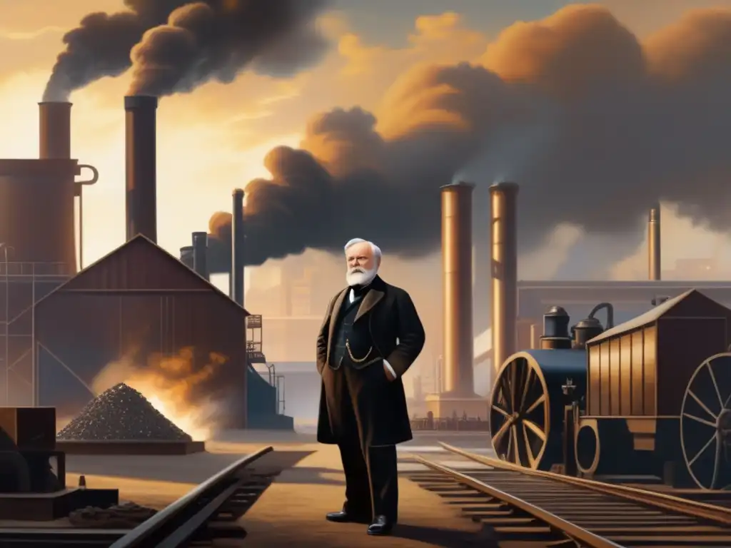 Andrew Carnegie, potentado del acero, observa orgulloso su imperio industrial entre la neblina de humo y maquinaria