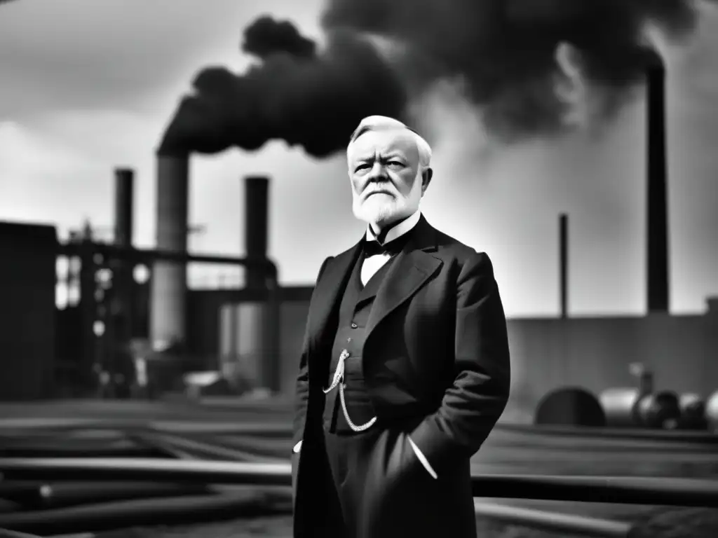 Andrew Carnegie, potentado del acero, de pie frente a una fábrica con chimeneas humeantes