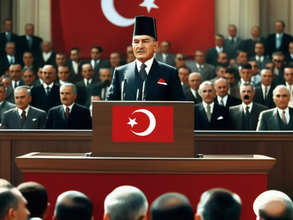 Mustafa Kemal Atatürk lidera una potente asamblea, proyectando confianza y determinación