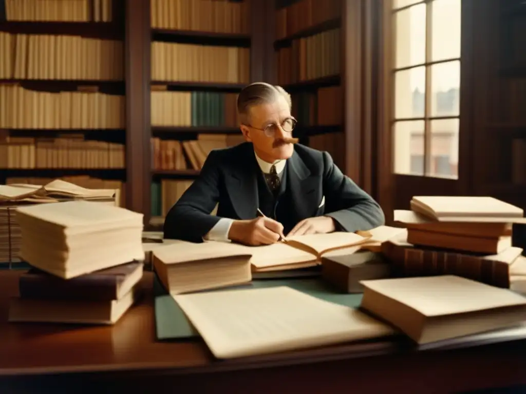Una potente imagen de James Joyce en su escritorio, rodeado de libros y papel, con una expresión reflexiva
