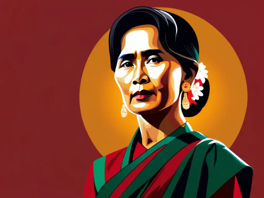Una potente y moderna imagen de Aung San Suu Kyi, reflejando su fuerza y determinación