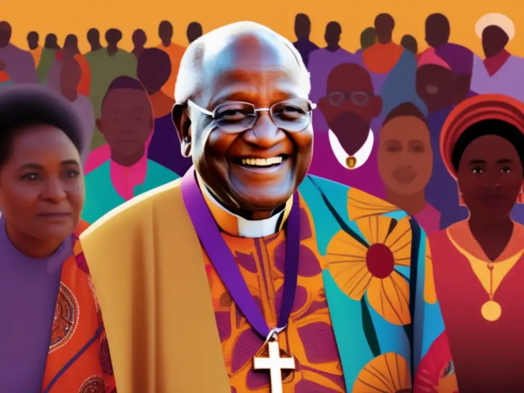 El icónico Desmond Tutu lucha contra prejuicio en una obra moderna, irradiando calidez y determinación, rodeado de diversidad y esperanza
