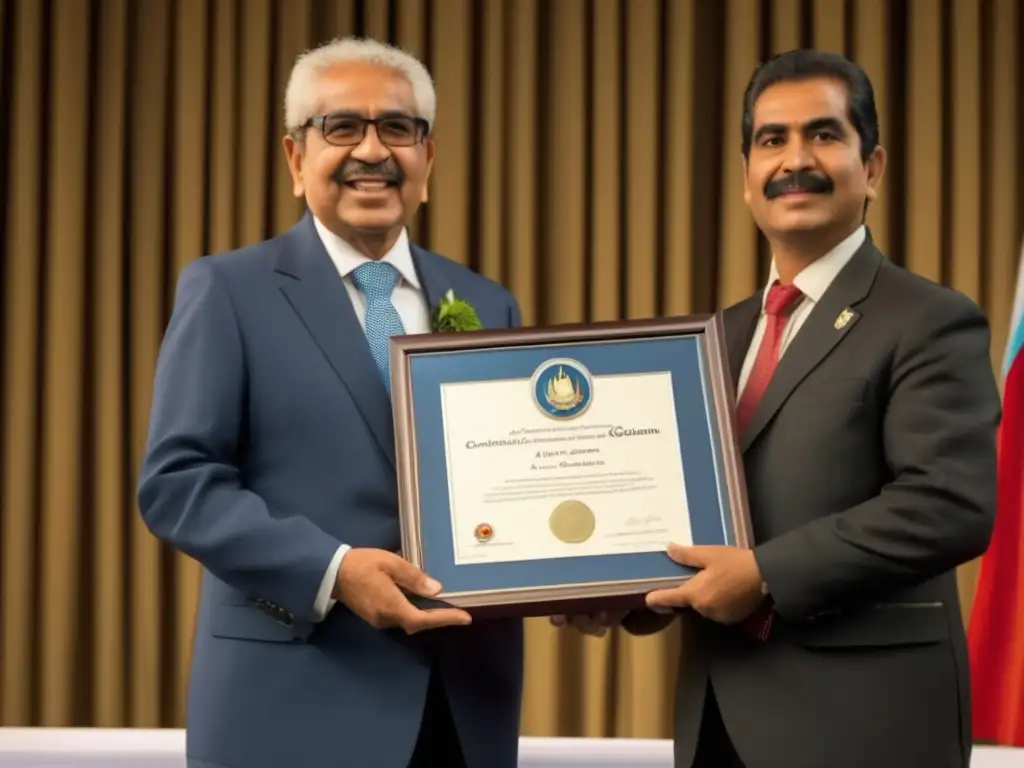 Álvaro Colom recibe premio por sus contribuciones a Guatemala contemporánea, en un escenario digno con la bandera de Guatemala como fondo