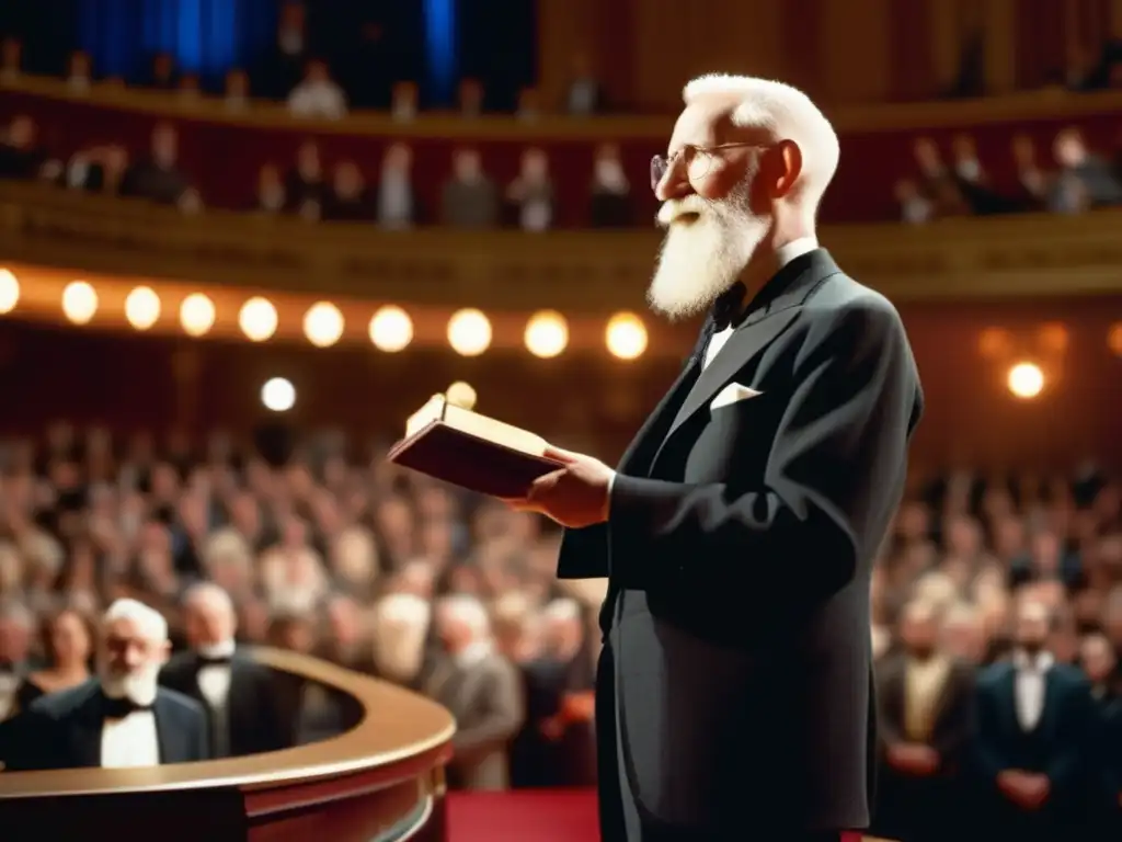 George Bernard Shaw aceptando el Premio Nobel de Literatura en un escenario moderno y elegante