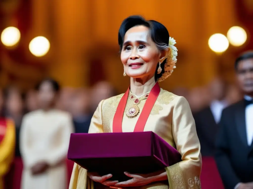 Aung San Suu Kyi recibiendo el Premio Nobel de la Paz, irradiando fuerza y gracia en medio de la ceremonia, rodeada de gente aplaudiendo