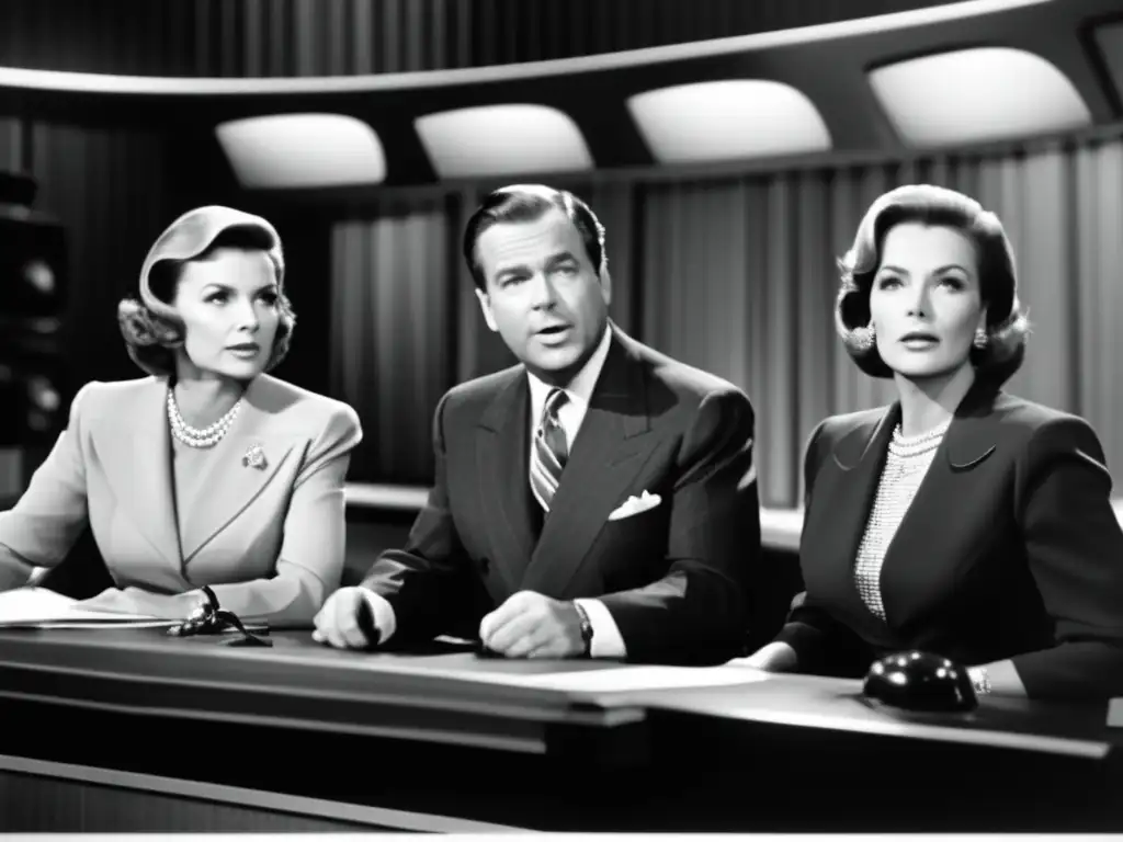 Dos presentadores destacados de televisión en una imagen vintage en blanco y negro, transmitiendo las noticias con intensidad y autoridad