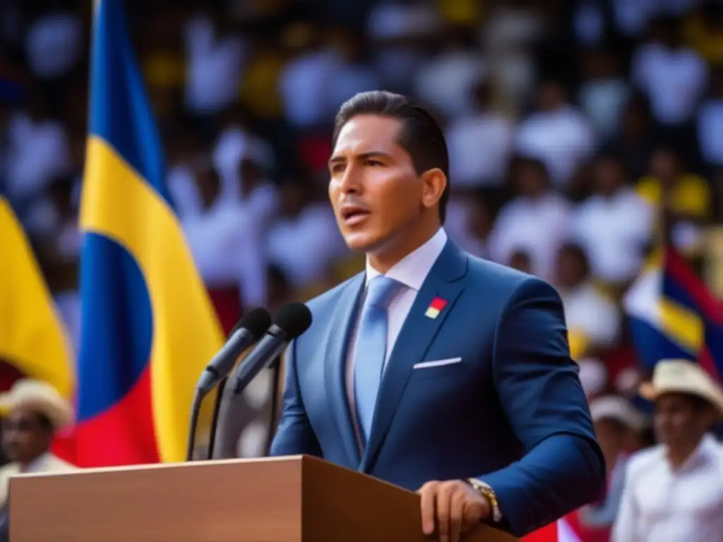 Belisario Betancur presidencia paz Colombia discurso unidad esperanza liderazgo determinación público diverso banderas colombianas