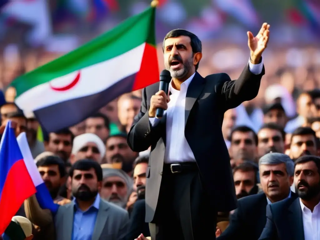 Mahmoud Ahmadinejad presidente Irán pronuncia apasionado discurso en mitin político, rodeado de multitud diversa ondeando banderas y pancartas