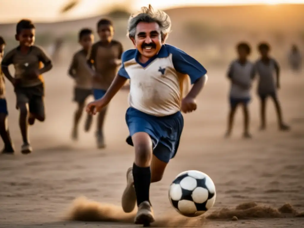 José Mujica, el presidente austero, jugando fútbol en un campo polvoriento al atardecer, rodeado de niños que lo animan y ríen