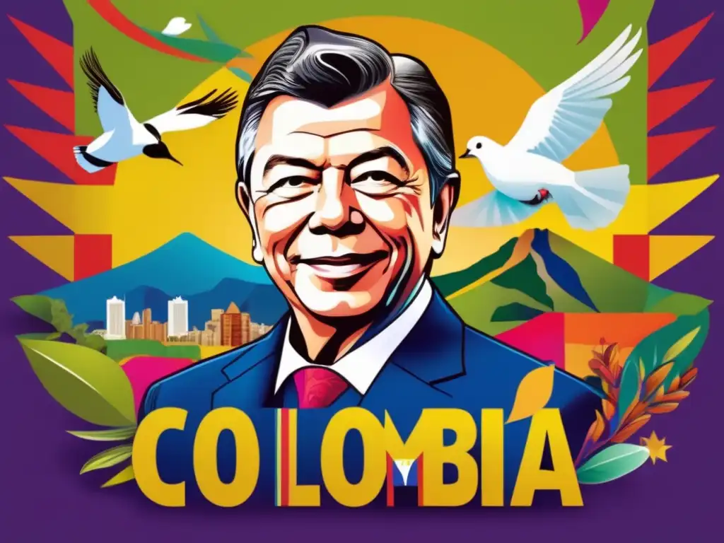 El presidente colombiano Juan Manuel Santos en una ilustración digital vibrante y moderna, rodeado de símbolos de paz y unidad como palomas, ramas de olivo y un colorido mapa de Colombia