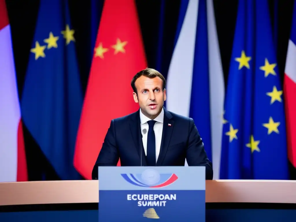 El presidente Macron habla en un cumbre económica europea, con la bandera de la Unión Europea de fondo y un público diverso escuchando atentamente