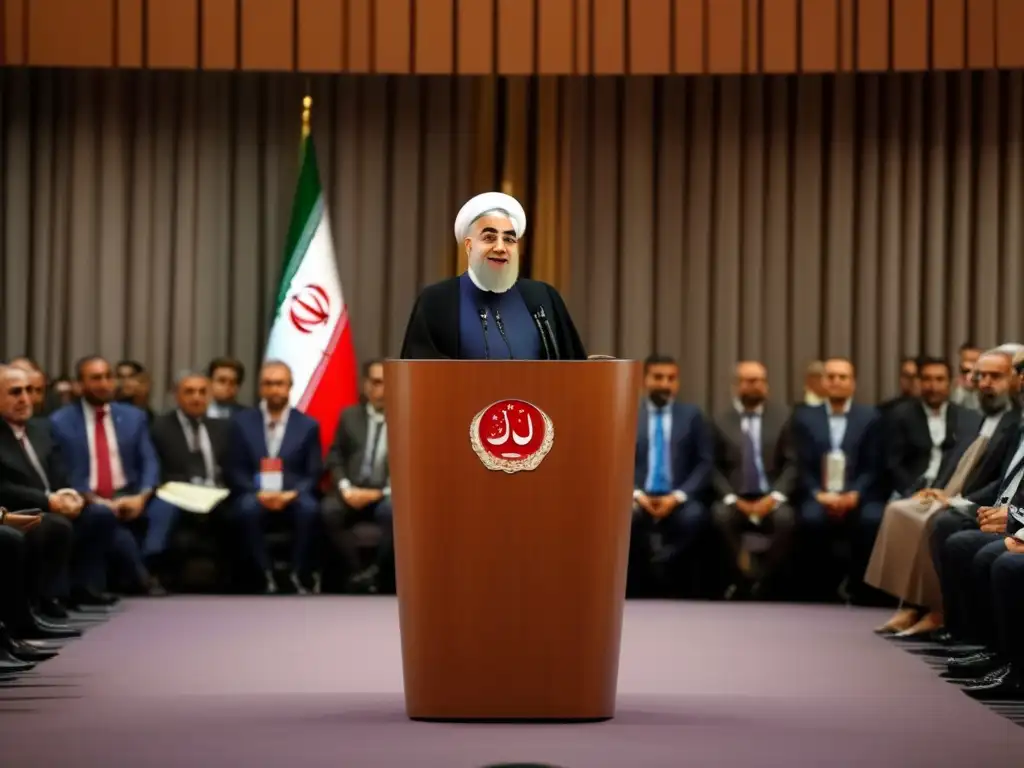 El presidente Hassan Rouhani aborda un desafío nuclear en una conferencia, rodeado de diplomáticos y periodistas en un ambiente poderoso y autoritario
