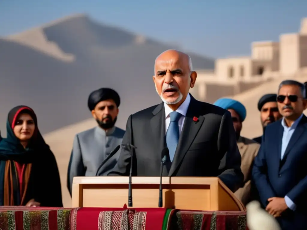 El presidente Ashraf Ghani ofrece un discurso en una conferencia de prensa, rodeado de oficiales y periodistas