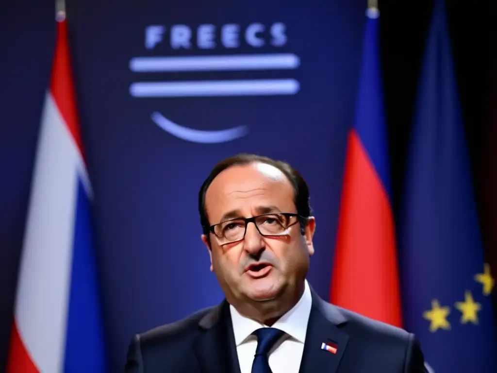 El presidente François Hollande aborda la crisis económica en una conferencia de prensa, rodeado de gráficos y banderas francesas