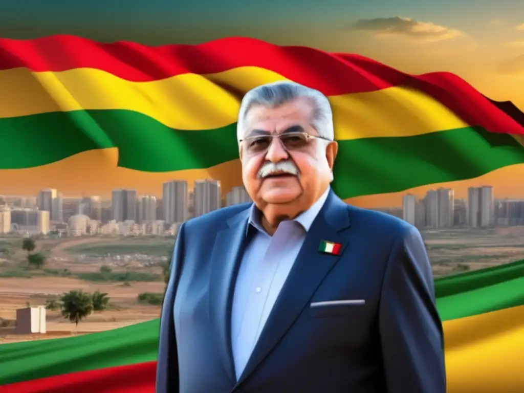 Jalal Talabani presidente Kurdistán Iraquí, con determinación frente a la bandera kurda, simbolizando progreso y orgullo
