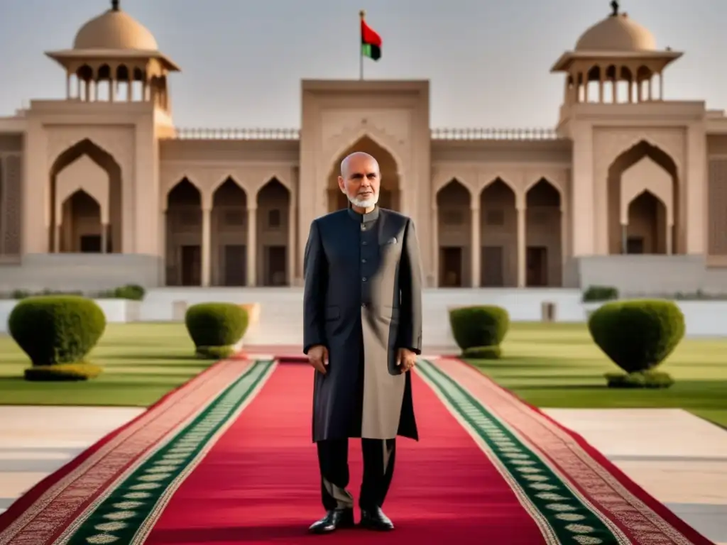 El presidente de Afganistán, Ashraf Ghani, irradia liderazgo frente al Palacio Presidencial de Afganistán, reflejando su determinación y modernidad