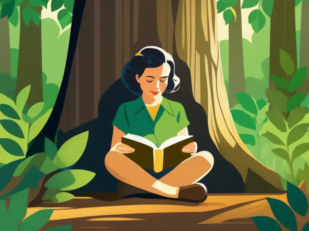 Rachel Carson disfruta de la primavera silenciosa, leyendo bajo un árbol en un exuberante bosque