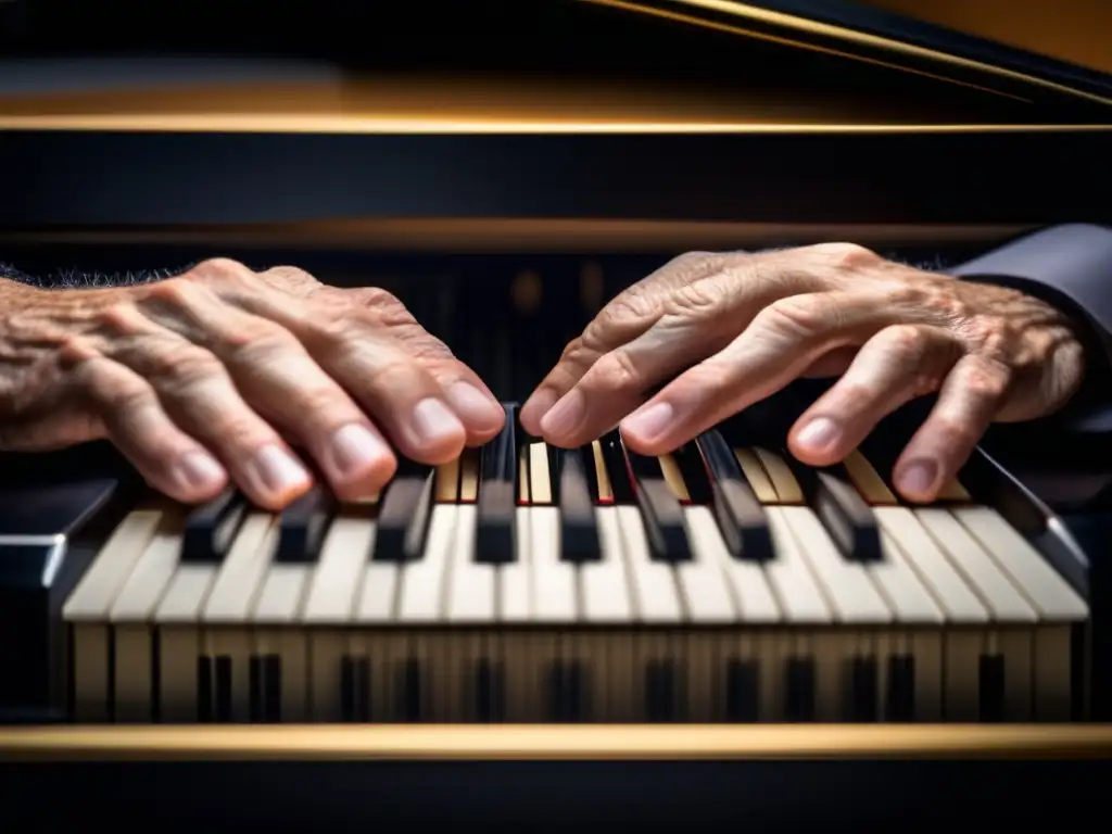 Un primer plano de alta definición de las manos de Steve Reich tocando hábilmente una composición minimalista en un piano de cola