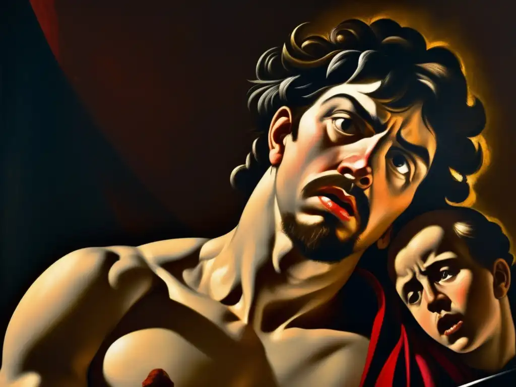 Un primer plano de alta resolución de 'David con la cabeza de Goliat' de Caravaggio, muestra la intensa emoción en el rostro de David mientras sostiene la cabeza de Goliat, con una iluminación dramática que enfatiza el contraste entre luz y sombra
