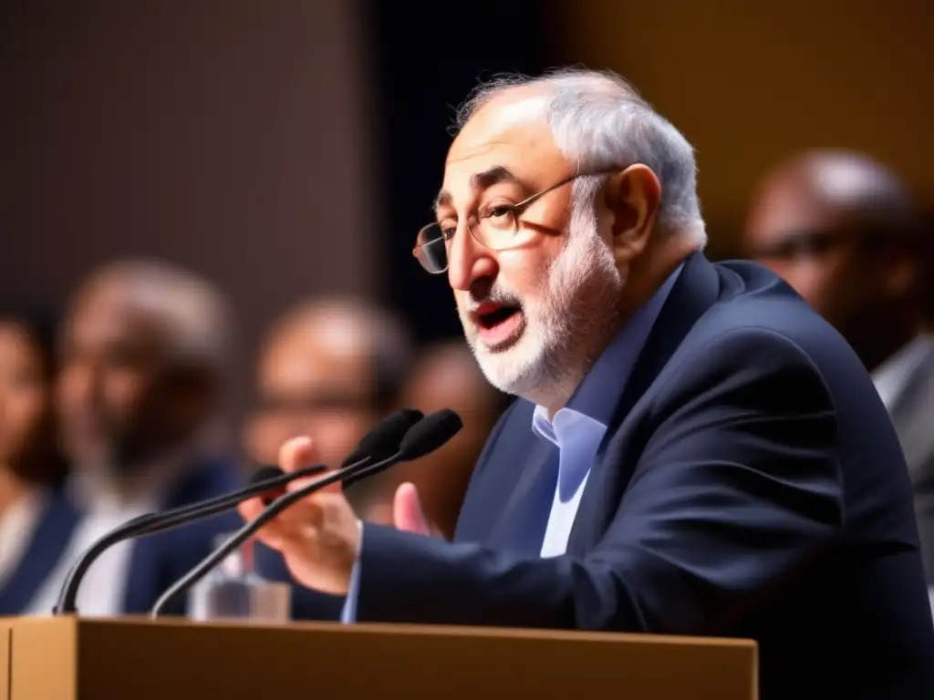 Un primer plano detallado de Joseph Stiglitz dando un apasionado discurso en un foro económico global, con una audiencia diversa escuchando atentamente