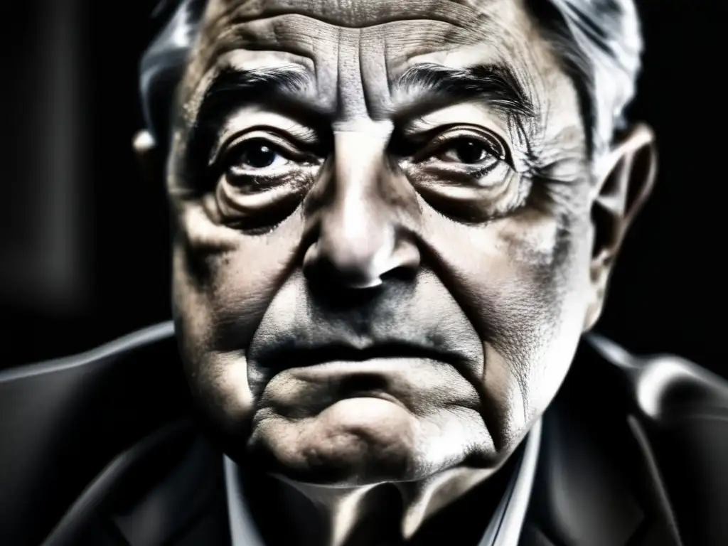Un primer plano detallado en blanco y negro de George Soros, con intensidad en su mirada y una iluminación dramática que resalta sus rasgos